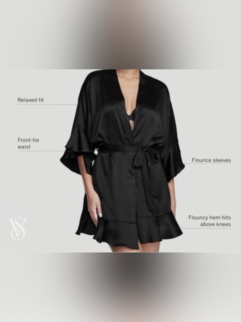 Victoria’s Secret Black Satin Flounce Ruffle Kimono Robe M/L
